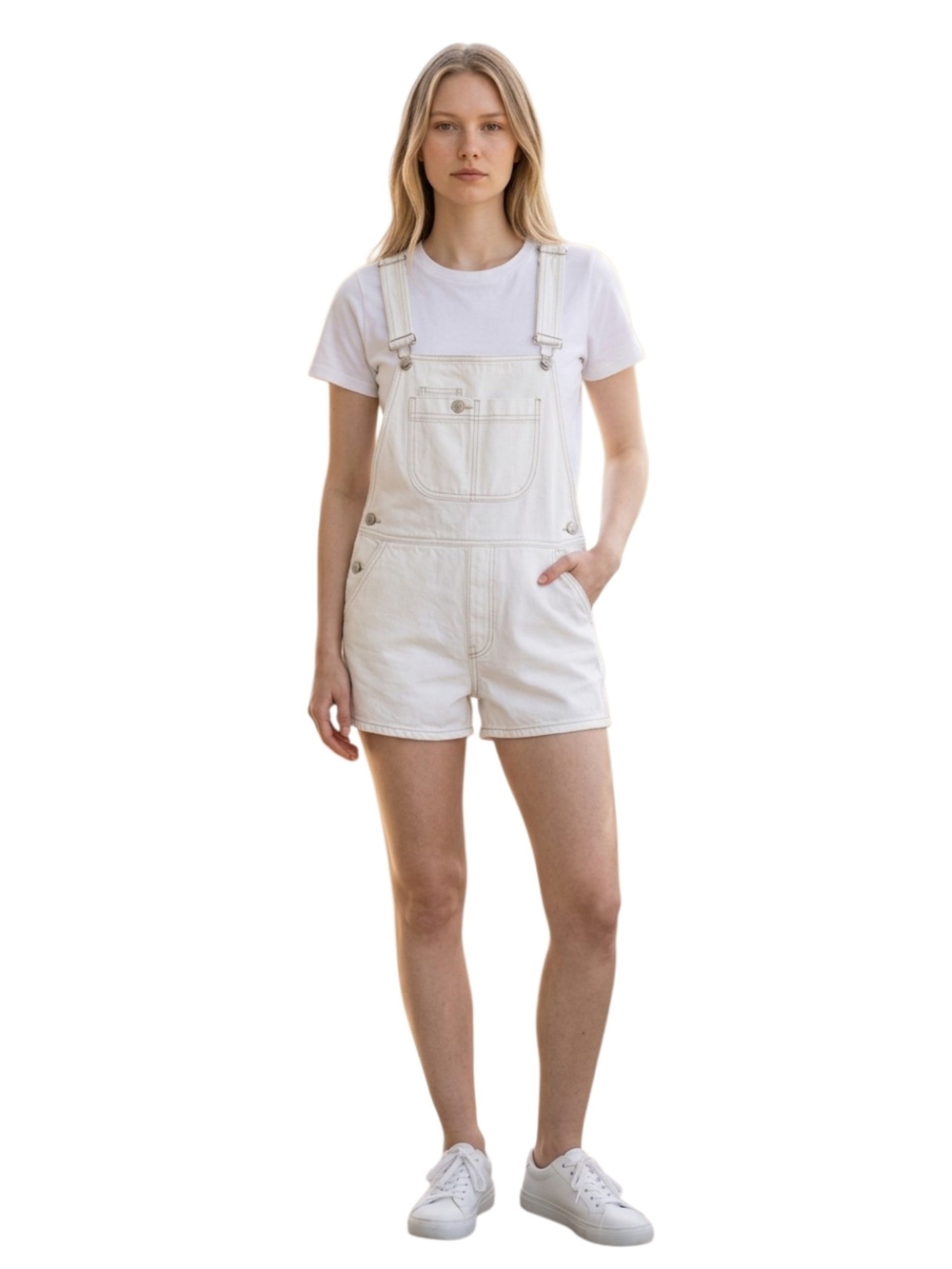 Zara Women's White Short Denim Overalls Adjustable Straps
